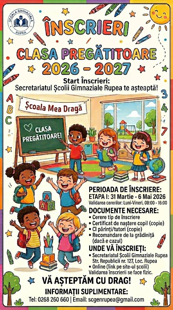 Afiș colorat destinat înscrierii în clasa pregătitoare pentru anul școlar 2026–2027 la Școala Gimnazială Rupea. Textul principal anunță: „Înscrieri clasa pregătitoare 2026–2027”. Perioada de înscriere este Etapa I, între 31 martie și 6 mai 2026, iar validarea cererilor se face de luni până vineri, între orele 08:00 și 16:00. Documentele necesare sunt: cerere tip de înscriere, copie după certificatul de naștere al copilului, copie după actele de identitate ale părinților sau tutorilor și, dacă este cazul, recomandare de la grădiniță. Înscrierea se poate face la secretariatul școlii (Strada Republicii nr. 127, localitatea Rupea) sau online, pe site-ul școlii, urmând ca validarea să se realizeze fizic. Afișul include ilustrații cu copii veseli într-o sală de clasă și mesajul „Vă așteptăm cu drag!”. Pentru informații suplimentare sunt afișate date de contact: telefon 0268 260 660 și email scgenrupea@gmail.com .