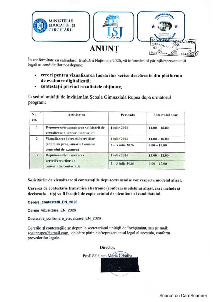 Anunț al Școlii Gimnaziale Rupea privind Evaluarea Națională 2026. Părinții sau reprezentanții legali pot depune cereri pentru vizualizarea lucrărilor scrise și contestații. Program: 1 iulie 2026, între orele 14:00–18:00, iar în perioada 2–3 iulie 2026, între orele 09:00–17:00, conform programării comisiei centrului de examen.